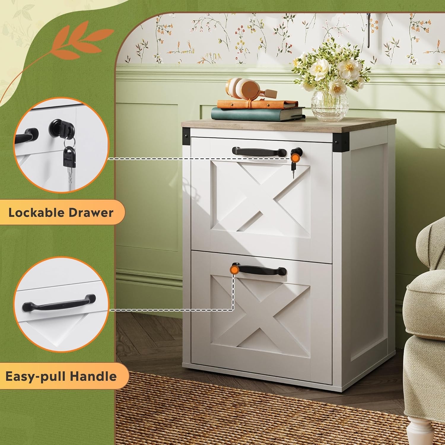 2 Drawer File Cabinet with Lock, Wood Farmhouse Filing Cabinet for Home Office, Printer Stand Fits Letter and A4 Size, White