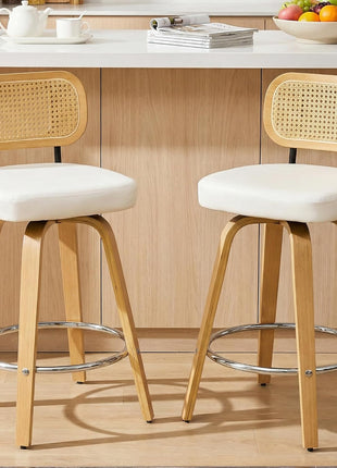 Set of 2 Mid-Century Modern Natural Rattan Bar Stools with Upholstered PU Leather, 26” Counter Height, Backrest, Wood Legs, and 360° Swivel for Kitchen Island, Dining Room, and Bar (White)