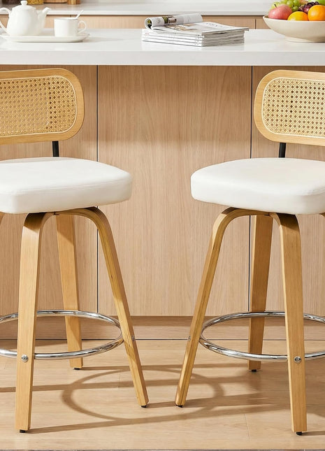 Set of 2 Mid-Century Modern Natural Rattan Bar Stools with Upholstered PU Leather, 26” Counter Height, Backrest, Wood Legs, and 360° Swivel for Kitchen Island, Dining Room, and Bar (White)