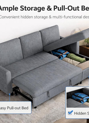 Versatile Grey Sleeper Sofa Bed with Storage Chaise - Elegant L-Shaped 3-Seat Sectional for Compact Living Spaces
