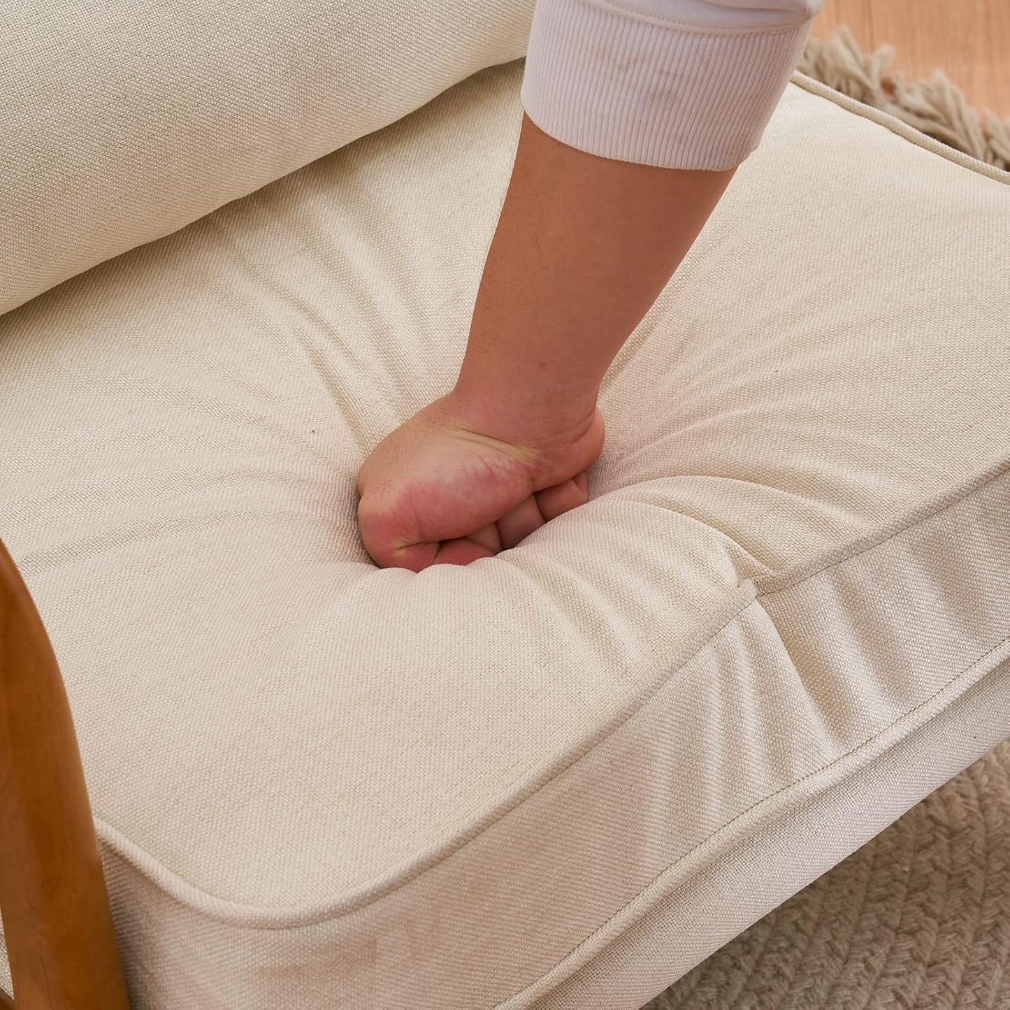 Accent Chair Mid-Century Modern Chair with Pillow Linen Fabric Upholstered Lounge Arm Chair with Solid Wood Frame & Soft Cushion for Living Room, Bedroom, Balcony, Beige