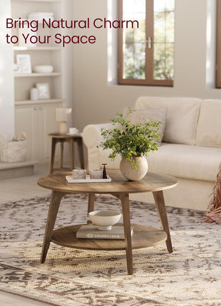 MAEZO Collection Round Coffee Table - 2-Tier Center Table with Storage, Tapered Legs, Curved Transitions, 31.5" Diameter x 17.7" Height, Easy Assembly, Honey Brown Finish for Living Room