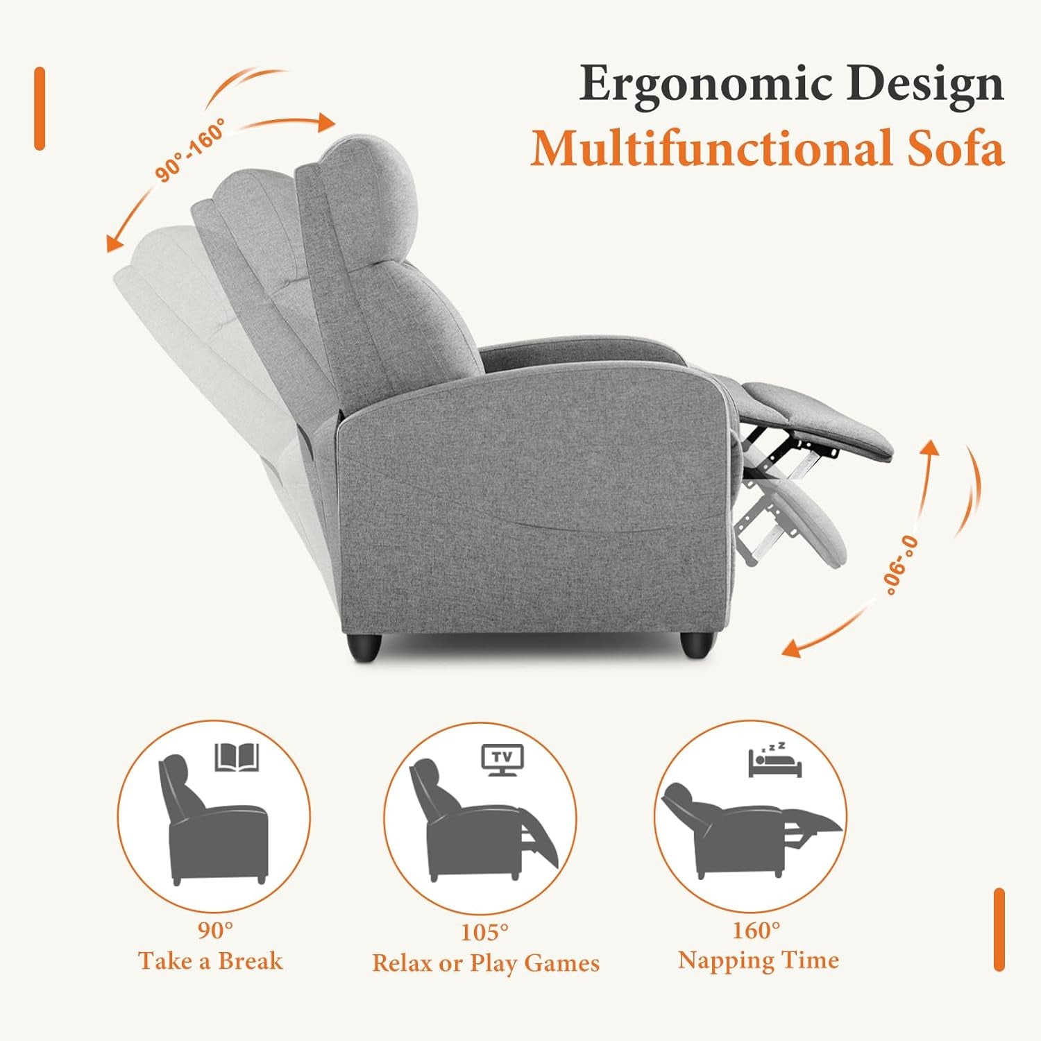 Recliner Chair Fabric Recliner Sofa No Massage, Home Theater Seating with Lumbar Support, Adjustable Push Back Overstuffed High-Density Sponge Reclining for Living Room, Slate Gray