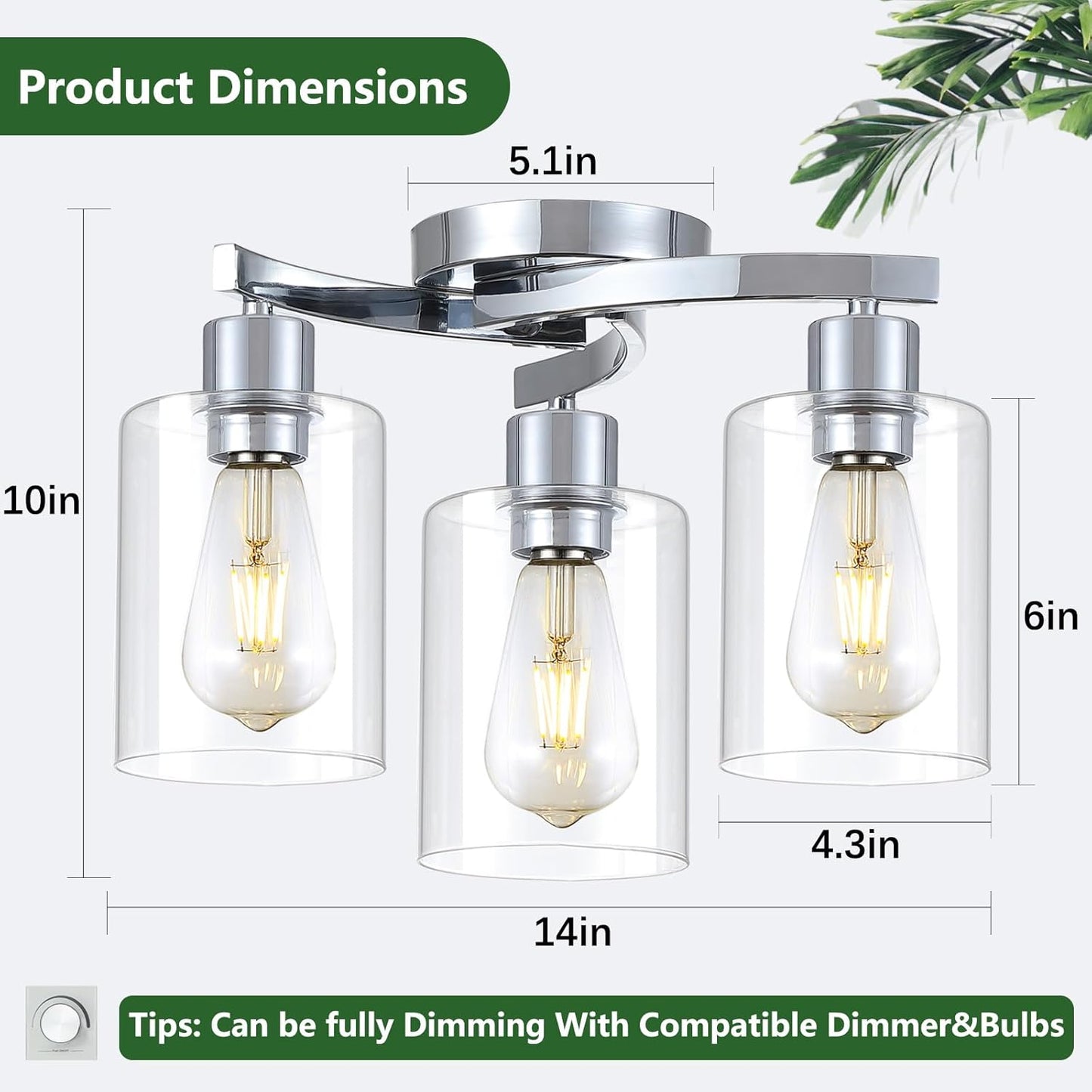 3-Light Semi Flush Mount Ceiling Light, Modern Close to Ceiling Light Fixtures with Clear Glass Shades, Chrome Light Fixture for Kitchen, Dining Room, Hallway, Entryway, Foyer