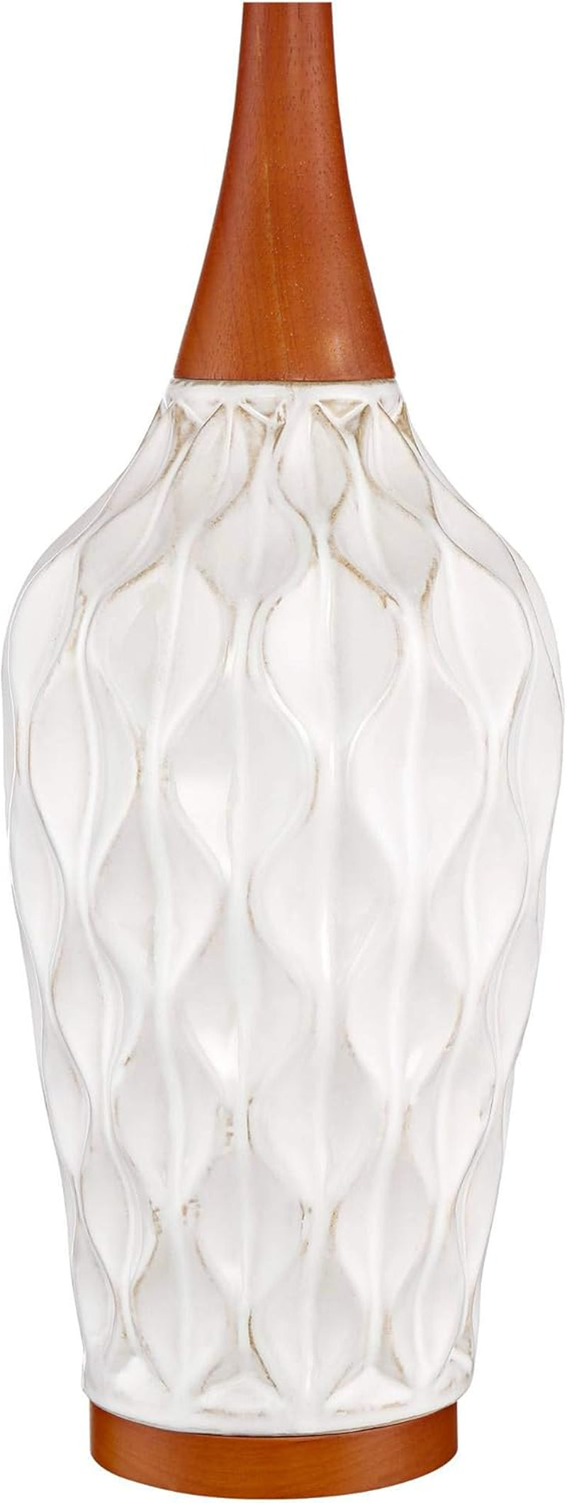 Rocco Mid Century Modern Table Lamp 30" Tall White Wave Geometric Ceramic Oak Wooden Neck Tan Fabric Drum Shade for Living Room Bedroom House Bedside Nightstand Home Office