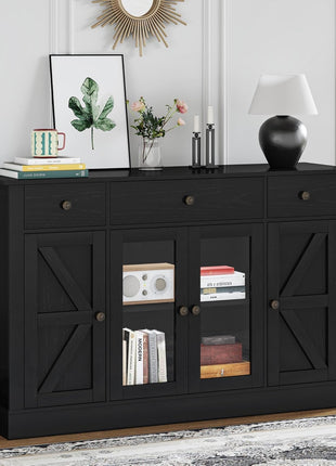 55-Inch Farmhouse Coffee Bar Cabinet with Glass Doors, Four Doors, Three Drawers, and Adjustable Shelves for Kitchen and Dining Room, Black Finish