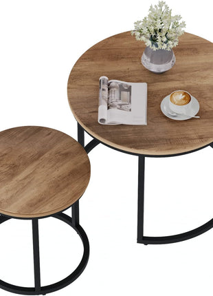 Set of 2 Round Nesting Coffee Tables with 23.6" Wood Grain Top and Adjustable Non-Slip Feet, Industrial Style End Tables for Living Room, Bedroom, Balcony, and Outdoor Use