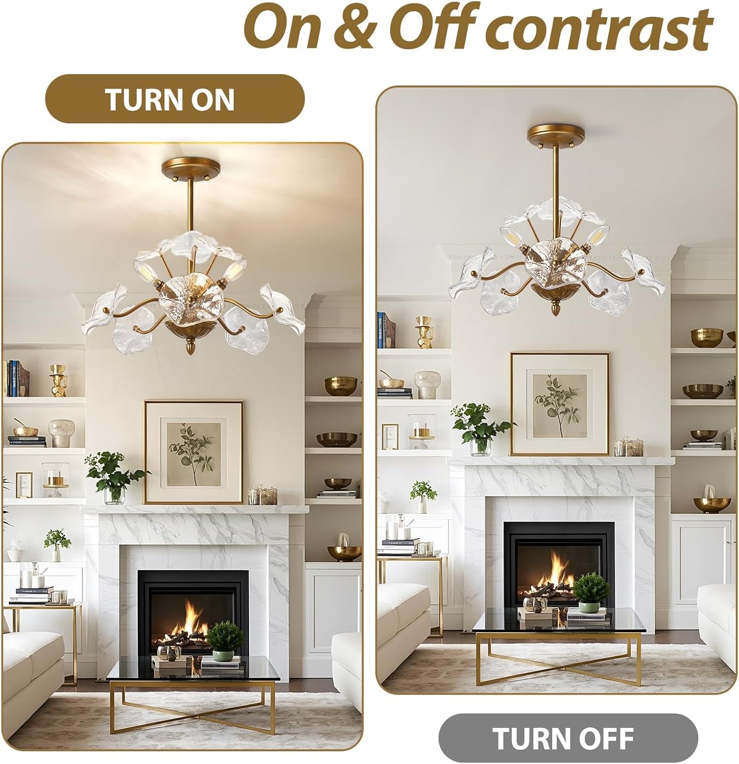 Modern Gold Chandelier,Vintage Brass Flower Glass Pendant Light Fixture,Mid Century Ceiling Light Fixture for Dining Room, Kitchen, Living Room, Bedroom Hallway Porch,3 Lights