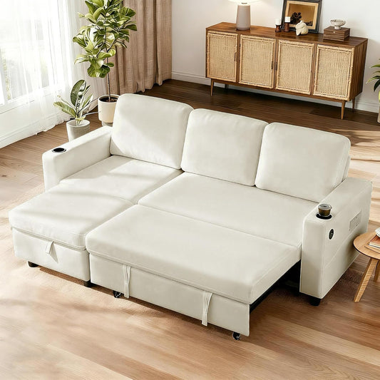 84 Inch Sectional Sleeper Sofa with Pull Out Bed Convertible 2 in 1 Couch with Storage Chaise & USB Charging Comfy L Shaped Modular Couches for Living Room Apartment(2 Box)