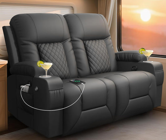 RV Loveseat Recliner Sofa, Reclining Loveseat Wall Hugger Recliners with USB Ports, Cup Holders, Insert Pockets, RV Recliners for Travel Trailers & Living Room, RV Furniture | RV Couch | Gray