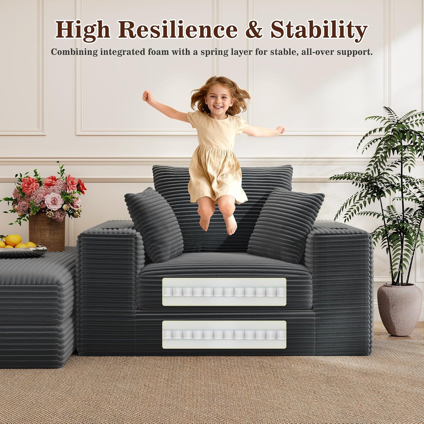 52" Boneless Chaise Lounge Chair Indoor — Oversized Cloud-Like Cozy Comfy Modular 3-In-1 Sofa Bed for Reading, Living Room & Bedroom Corduroy Couch Sleeper, Grey