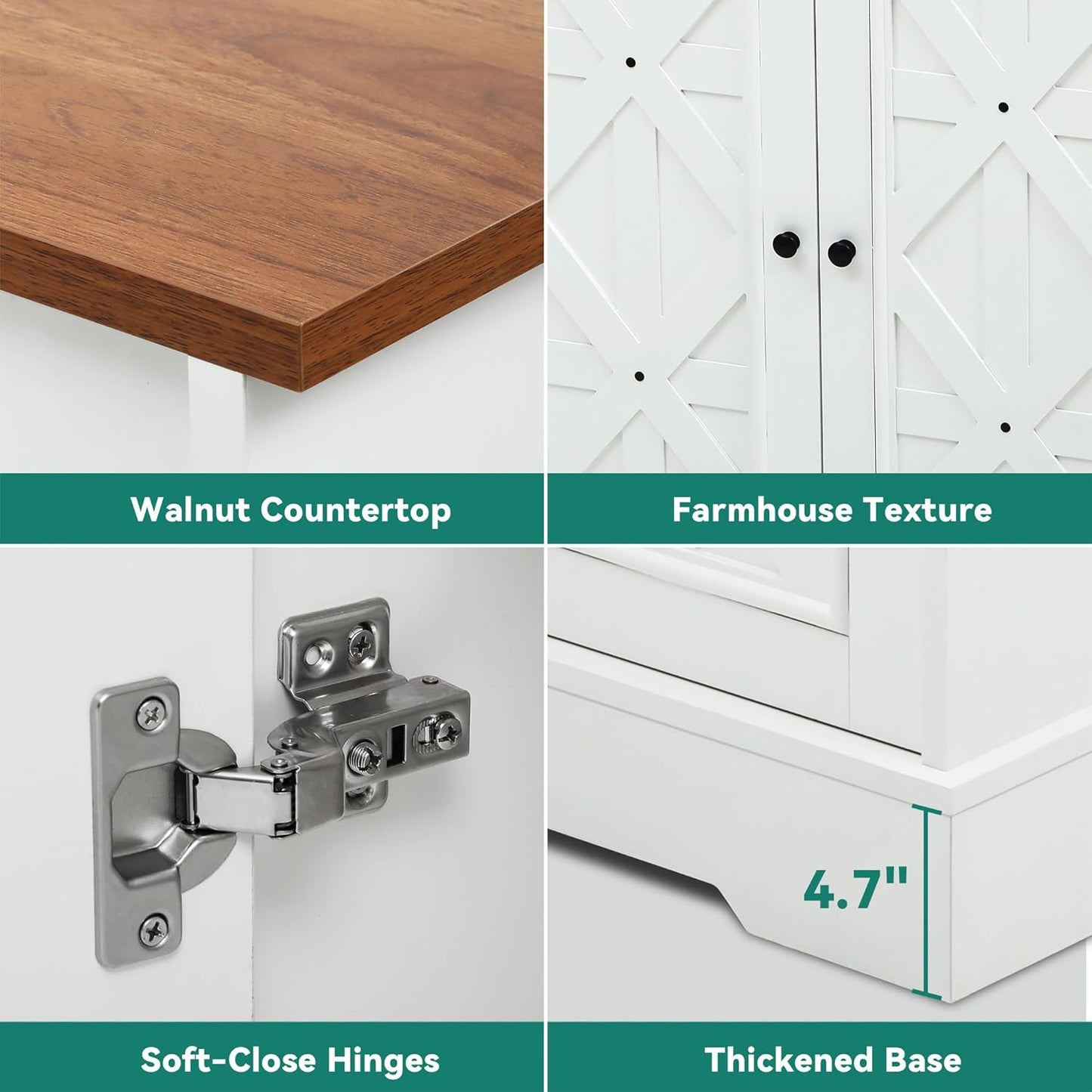 Sideboard Buffet Cabinet with Storage, 59" Buffet Storage with 4 Doors, Modern Farmhouse Coffee Bar Station Wood Kitchen Table with Adjustable Shelves for Kitchen, Living Room (White)