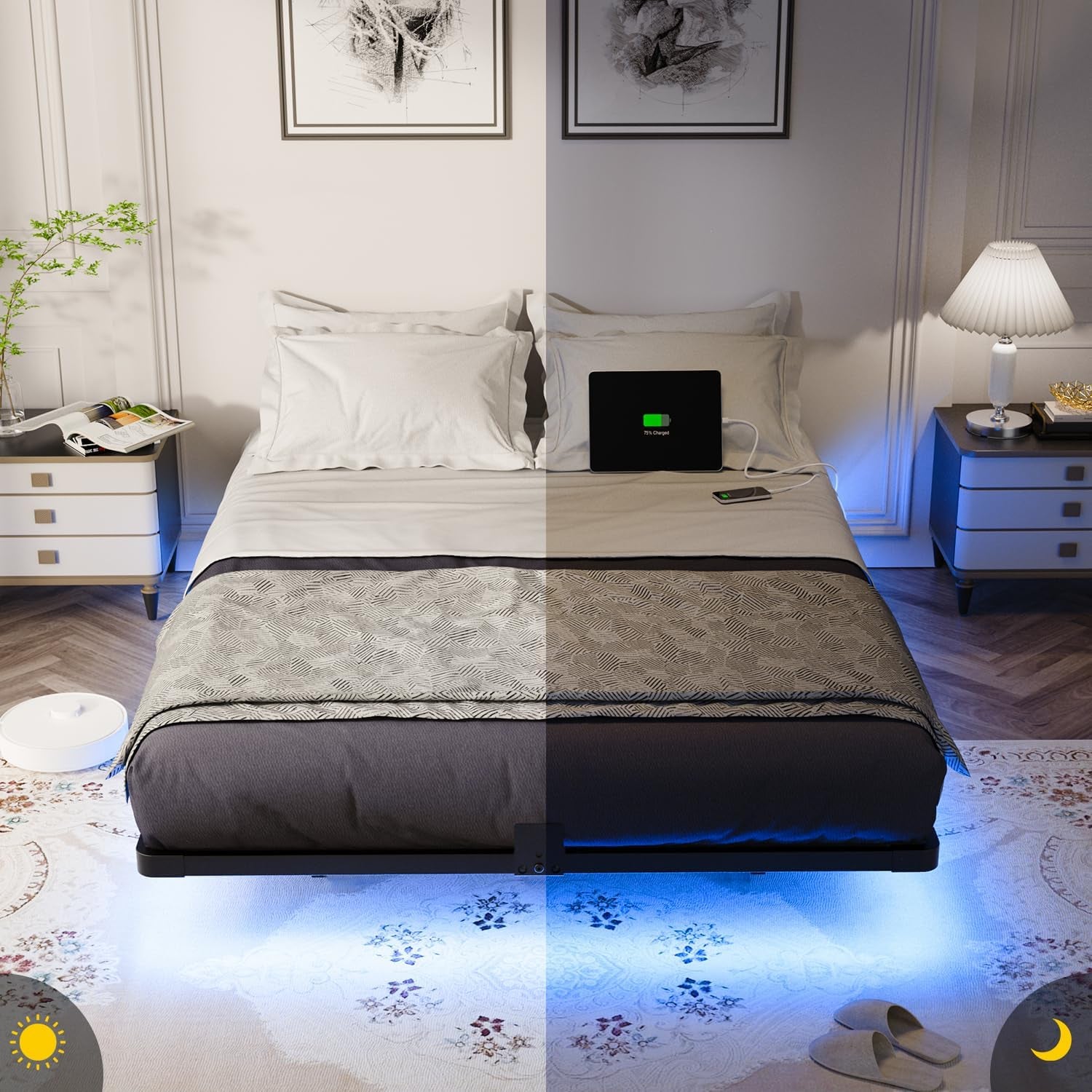Floating Bed Frame Full Size with Smart LED Lights and Charging Station - Modern Metal Platform Bed, Easy Assembly No Box Spring Needed