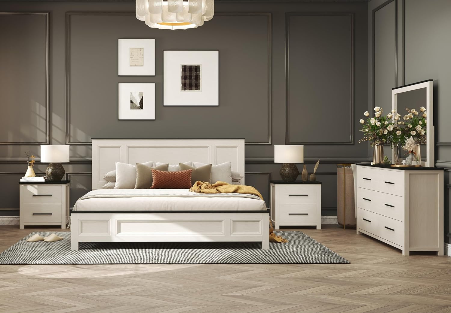 Realynn 5-Piece Wood Bedroom Set, King Size Panel Bed with Dresser, Mirror, and 2 Nightstands, Off-White Finish