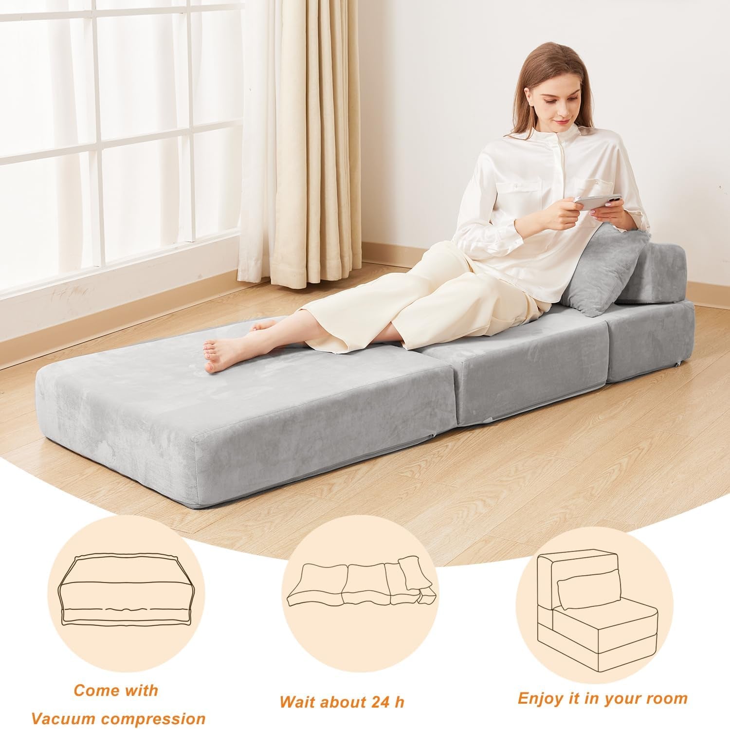 Folding Sofa Bed, Convertible Sleeper Chair with Pillow, Foldable Mattress & Back Support, Portable Floor Lounger Futon for Apartment, Dorm, Living Room, Bedroom, Grey