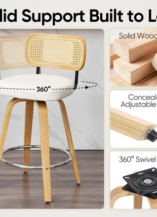 Set of 2 Mid-Century Modern Natural Rattan Bar Stools with Upholstered PU Leather, 26” Counter Height, Backrest, Wood Legs, and 360° Swivel for Kitchen Island, Dining Room, and Bar (White)