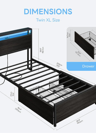 Twin XL Bed Frame with DIY Storage Drawer Configuration, Headboard Featuring 2-Tier Shelves, Charging Station, and LED Lighting, Ideal for Teen Rooms, Small Apartments, and Bedrooms, Black