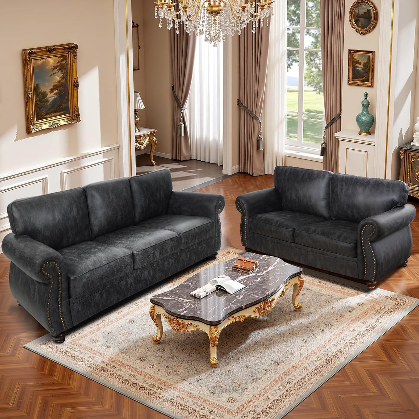 Living Room Furniture Sets,Sofa Sets and Couch Sets for Living Room,Mid-Century Vintage Sofa Couches with Rivet Design (Grey, Loveseat+3 Seater)