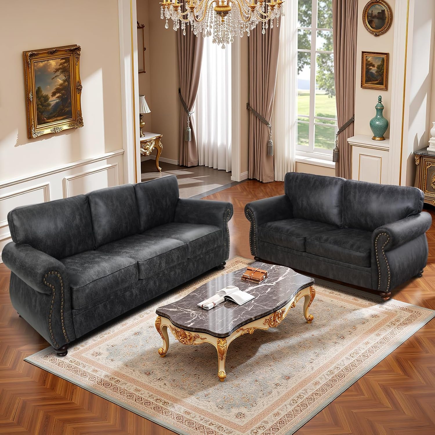 Living Room Furniture Sets,Sofa Sets and Couch Sets for Living Room,Mid-Century Vintage Sofa Couches with Rivet Design (Grey, Loveseat+3 Seater)
