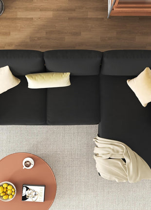 Modern 3-Seat Reversible Sectional Sofa with Convertible Ottoman in Ribbed Fabric - L-Shaped Couch for Small Spaces, Ideal for Apartments, Studios, and Offices - Easy Assembly - Black