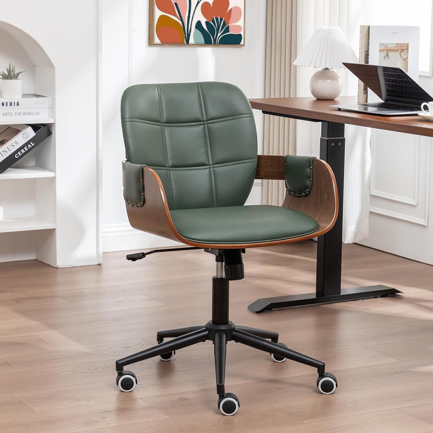 Home Office Desk Chair with Caster Wheels, Walnut Craftsmanship, Ergonomic Curved Back and Arms, Faux Leather, Height Adjustable, Computer Chair for Desk Work, Executive Task, Conference Rooms - Green