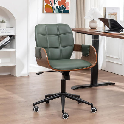 Home Office Desk Chair with Caster Wheels, Walnut Craftsmanship, Ergonomic Curved Back and Arms, Faux Leather, Height Adjustable, Computer Chair for Desk Work, Executive Task, Conference Rooms - Green