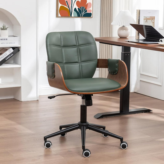 Home Office Desk Chair with Caster Wheels, Walnut Craftsmanship, Ergonomic Curved Back and Arms, Faux Leather, Height Adjustable, Computer Chair for Desk Work, Executive Task, Conference Rooms - Green