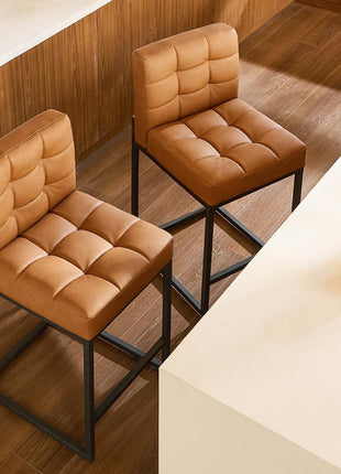 Contemporary Set of 2 Counter Height Bar Stools, 25" Brown Faux Leather with Back, Durable Metal Legs, Upholstered Checkered Design for Kitchen Island