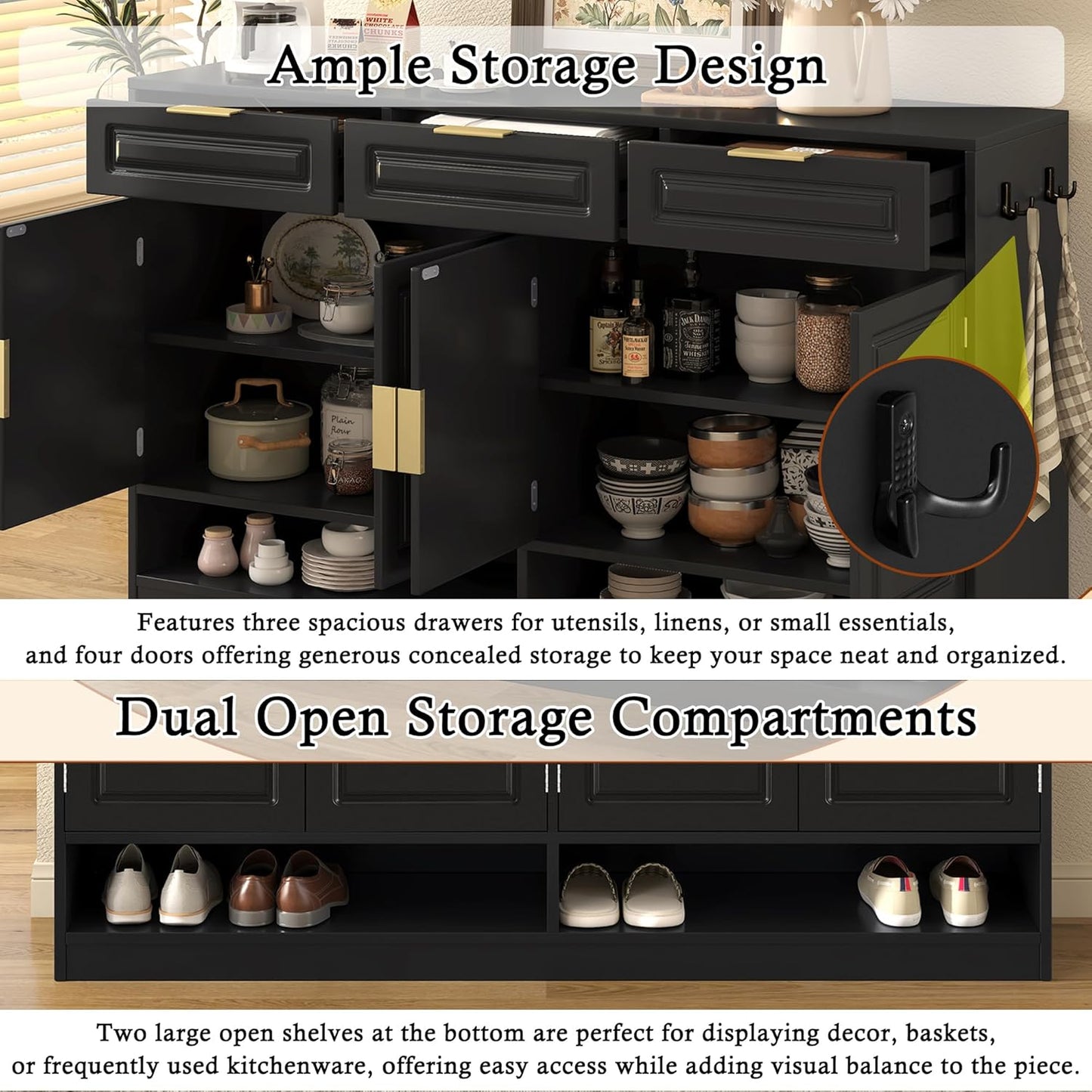 Buffet Table with 3 Drawers, 59.1" Multi-Functional Buffet Cabinet with Storage, Sideboard Cabinet with Adjustable Shelf for Dining Room, Living Room, Entryway, Black