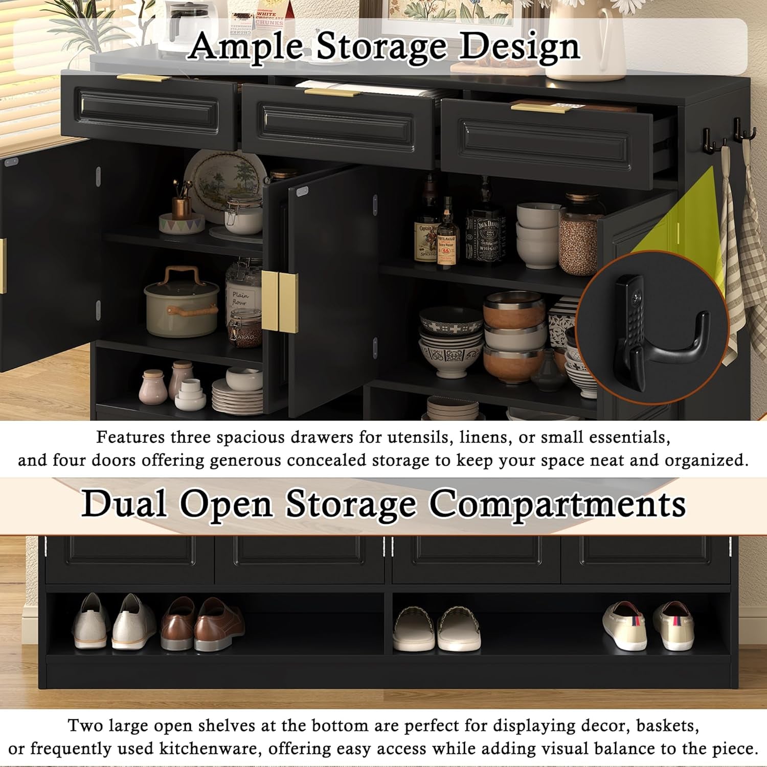 Buffet Table with 3 Drawers, 59.1" Multi-Functional Buffet Cabinet with Storage, Sideboard Cabinet with Adjustable Shelf for Dining Room, Living Room, Entryway, Black