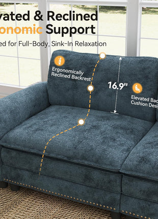 73.2" Oversized Modular Cloud Loveseat with Deep Seats, Mid-Century Modern Design, Nailhead Trim, and Included Throw Pillows in Chenille Cyan for Living Room