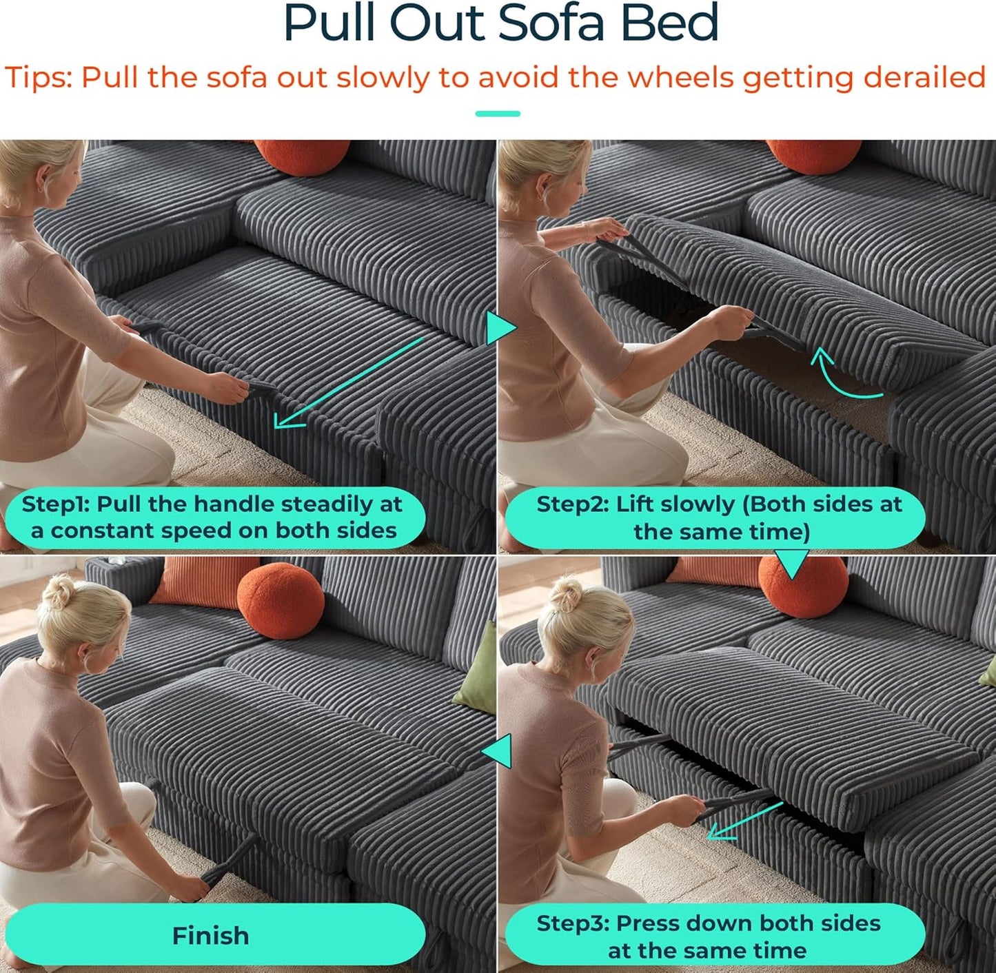 Sectional Sleeper Sofa with Pull Out Couch Bed Convertible Plush Corduroy Cloud Couch with Storage Chaise & USB Charging, Comfy L Shaped Modular Couches for Living Room Apartment (Grey)