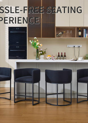 Set of 2 Black Counter Height Barrel Bar Stools with Curved Back and Linen Upholstery for Kitchen Island, Dining Room, Cafe, and Pub