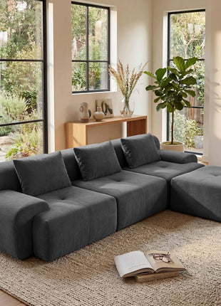 108'' Modular Tufted Sectional Sofa with Ottoman, Deep Seat L-Shape Couch, Dark Grey Corduroy with 3 Throw Pillows - Ideal for Living Room