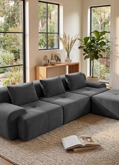108'' Modular Tufted Sectional Sofa with Ottoman, Deep Seat L-Shape Couch, Dark Grey Corduroy with 3 Throw Pillows - Ideal for Living Room