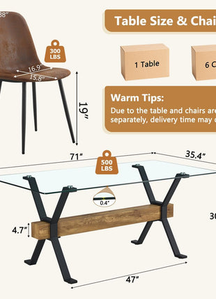 7-Piece Tempered Glass Dining Table Set for 6 with Metal Legs and MDF Crossbar, Featuring 6 Suede Dining Chairs for Kitchen and Dining Room