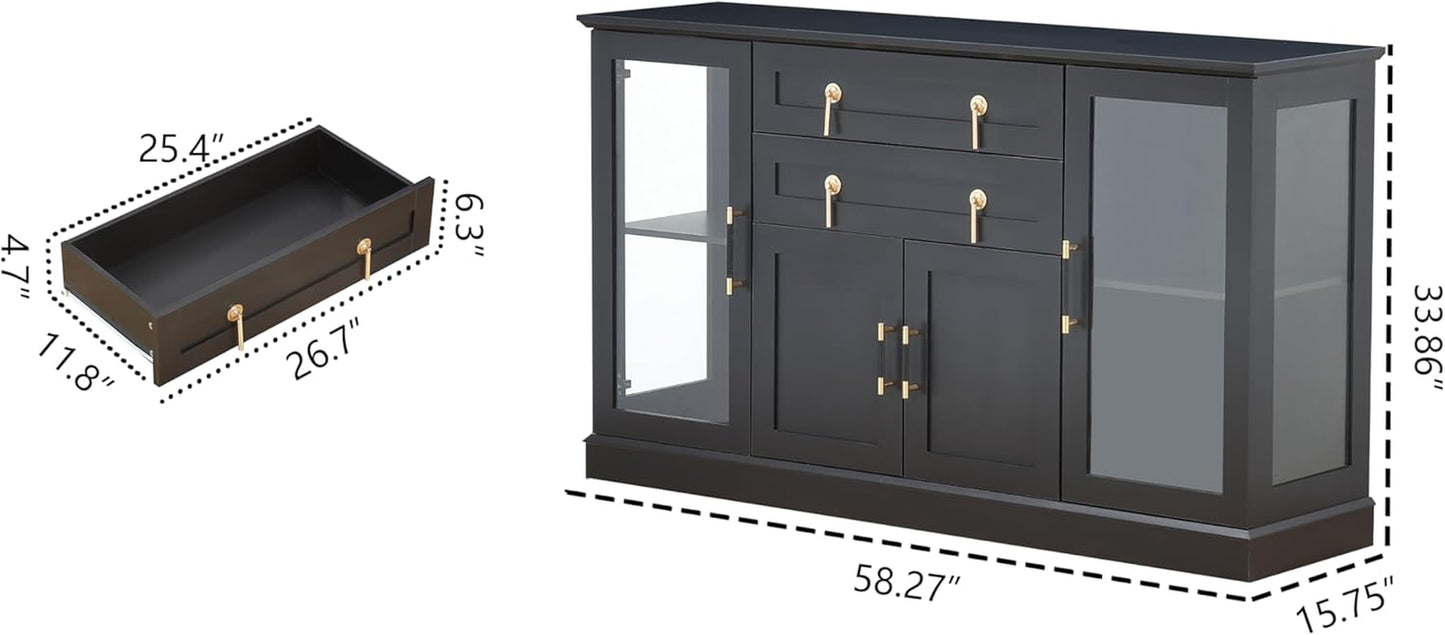 58.2'' Modern Sideboard Buffet Cabinet with Storage, Accent Coffee Bar Cabinet with 2 Glass Doors,Sideboard Credenza with Two Drawers and Adjustable Shelves,Black