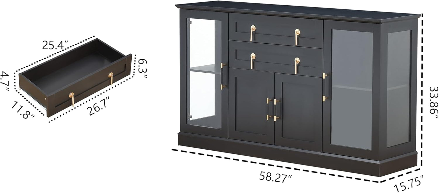 58.2'' Modern Sideboard Buffet Cabinet with Storage, Accent Coffee Bar Cabinet with 2 Glass Doors,Sideboard Credenza with Two Drawers and Adjustable Shelves,Black