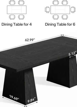 Rectangular Dining Table for 4-6 Individuals, Durable Wooden Design with Reinforced Legs, Contemporary Black Kitchen Furniture