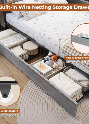 Twin Size Metal Platform Bed Frame with Bookcase Storage Headboard, LED Lights, Storage Drawers, and Charging Station in Oak Gray for Kids and Teens