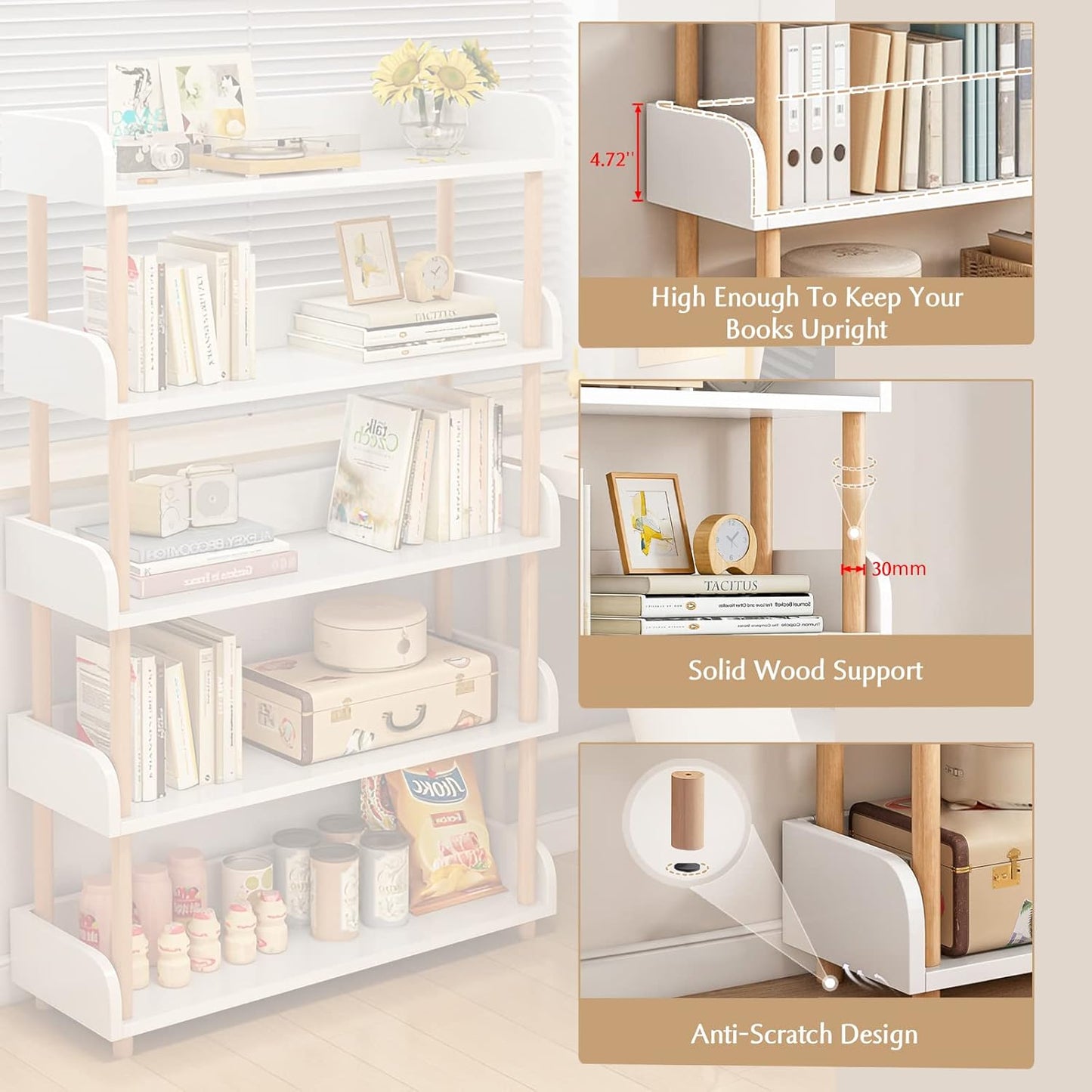 4-Tier Wooden Open Bookcase - Modern Display Bookshelf with Top Edge and Solid Wood Frame for Home and Office, Storage Cabinet, Warm White