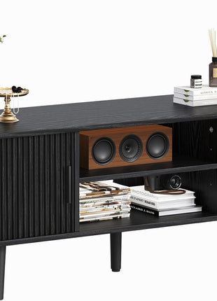 Mid-Century Modern TV Console for TVs up to 60 Inches, Entertainment Center with Fluted Sliding Doors, Concealed Storage, and Adjustable Shelving for Living Room and Bedroom, Black