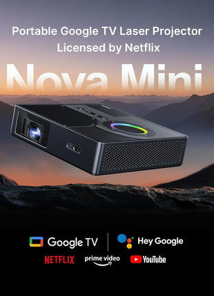 Nova Mini Bundle - Portable Laser Projector with Google TV, 1080P FHD, 1200 Lumens, 15000:1 Contrast Ratio, 3D Capability, Auto Setup, 150" Display, 8W Dolby Audio, and DLP Link 3D Glasses (2-Pack)