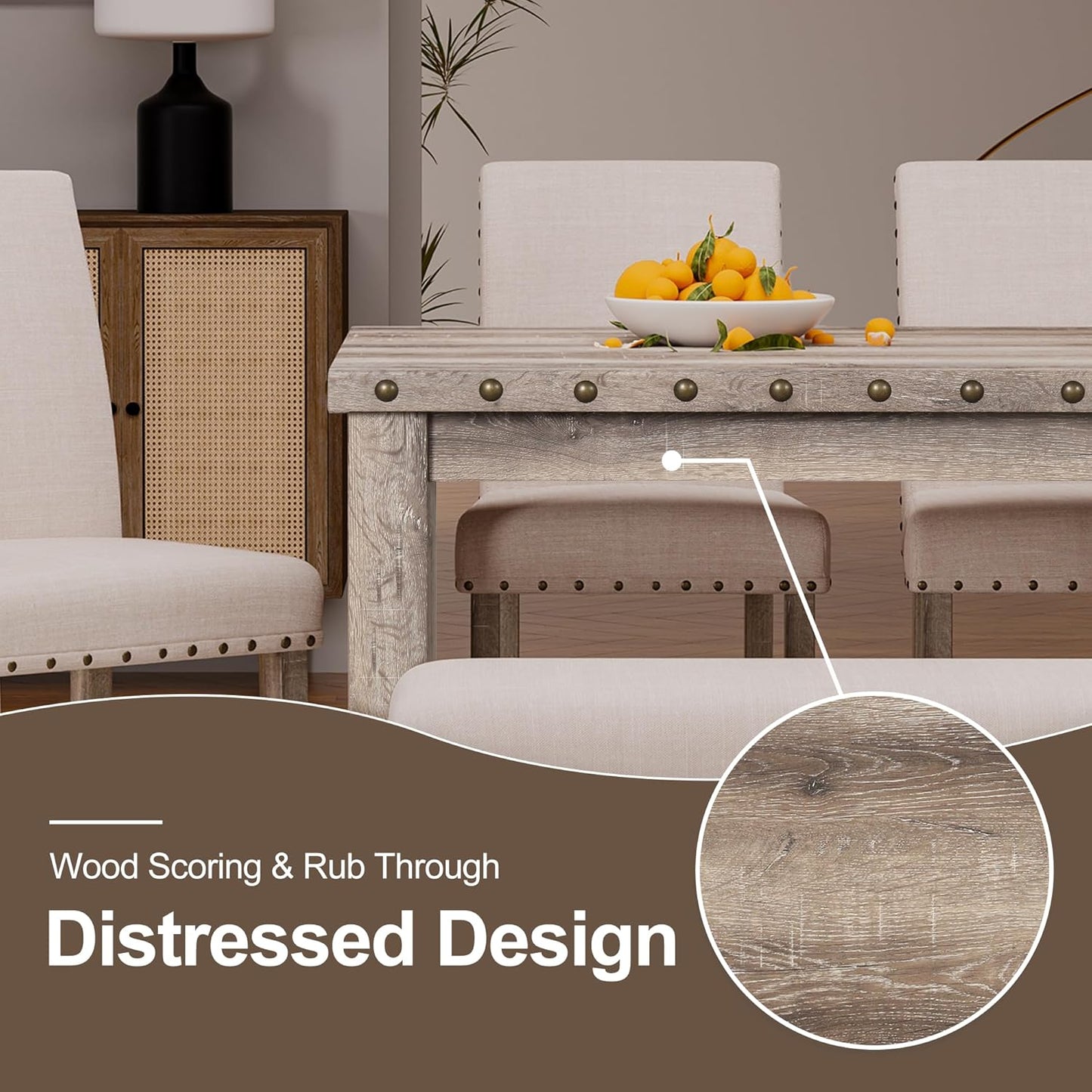 Rustic Dining Table Set for 6, Farmhouse Kitchen Dining Chairs for 6, Charming 60" Rectangular Wooden Table&6 Upholstered Chair with Nailhead Accents for Dining Hub,Breakfast Nook