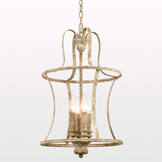 French Country Lantern Chandelier 4-Light Distressed White Pendant Light Fixtures with Chain Modern Farmhouse Lantern Pendant Lighting for Kitchen Island Dining Room