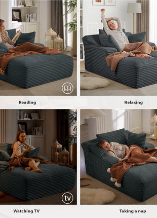 Oversized 50-Inch Chaise Lounge Chair - Luxurious Corduroy Sleeper Sofa with Deep Seat for Maximum Comfort - Available in Dark Grey