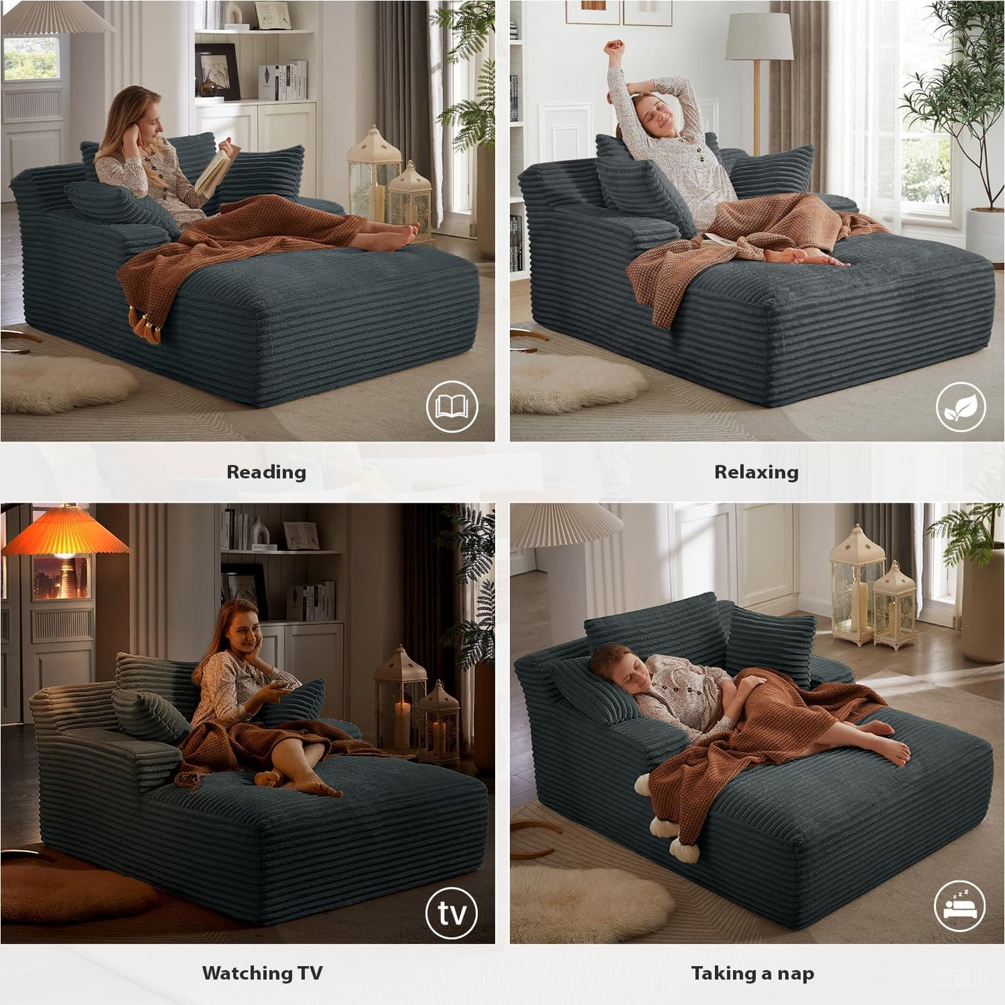 50 Inch Chaise Lounge Chair Indoor, Oversized Corduroy Upholstered Boneless Sofa Bed, Deep Seat Sleeper Couch Reading Chairs, Cloud Sofas Couches for Living Room, No Assembly Required (Dark Grey)