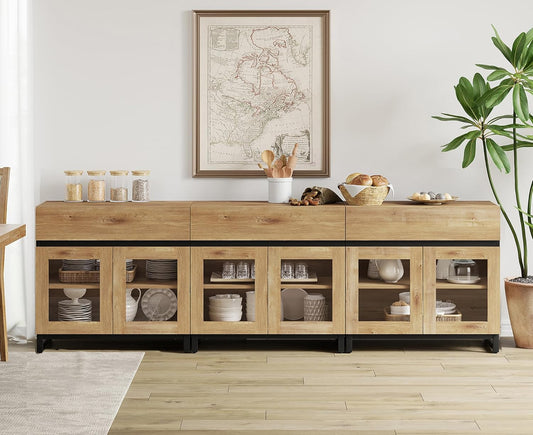 3 in 1 Multifunctional Sideboard Buffet Cabinets with 6 Glass Doors, Modern Sideboard Credenza, Coffee Bar Storage Cabinet for Living Room, Kitchen, Oak