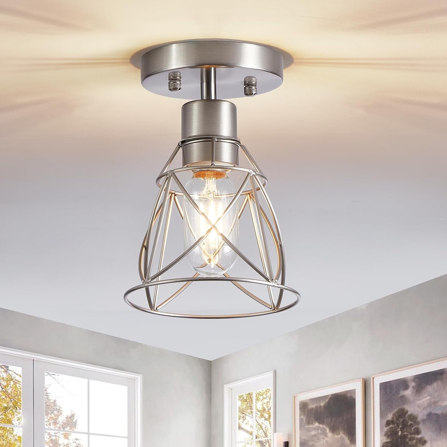 1 Light Semi Flush Mount Ceiling Light Fixture, Rustic Modern Framhouse Brushed Nickel Kitchen Ceiling Light with Metal Cage Shade for Foyer Kitchen Hallway Entryway Bedroom(1 Pack)