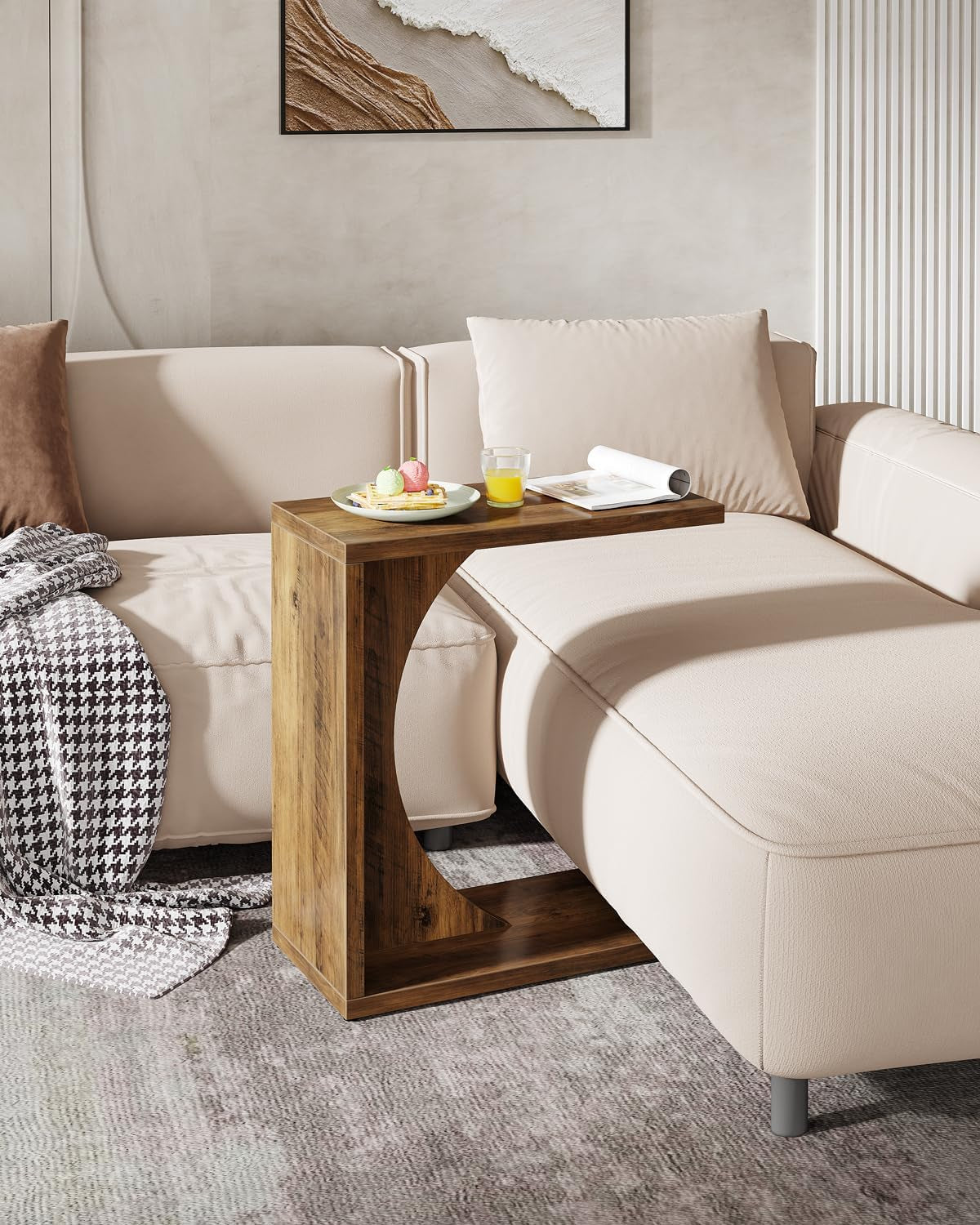 C-Shaped End Table for Couch, Sofa Side Table, C Table for Small Space, Living Room, Bedroom (1, Rustic Brown)